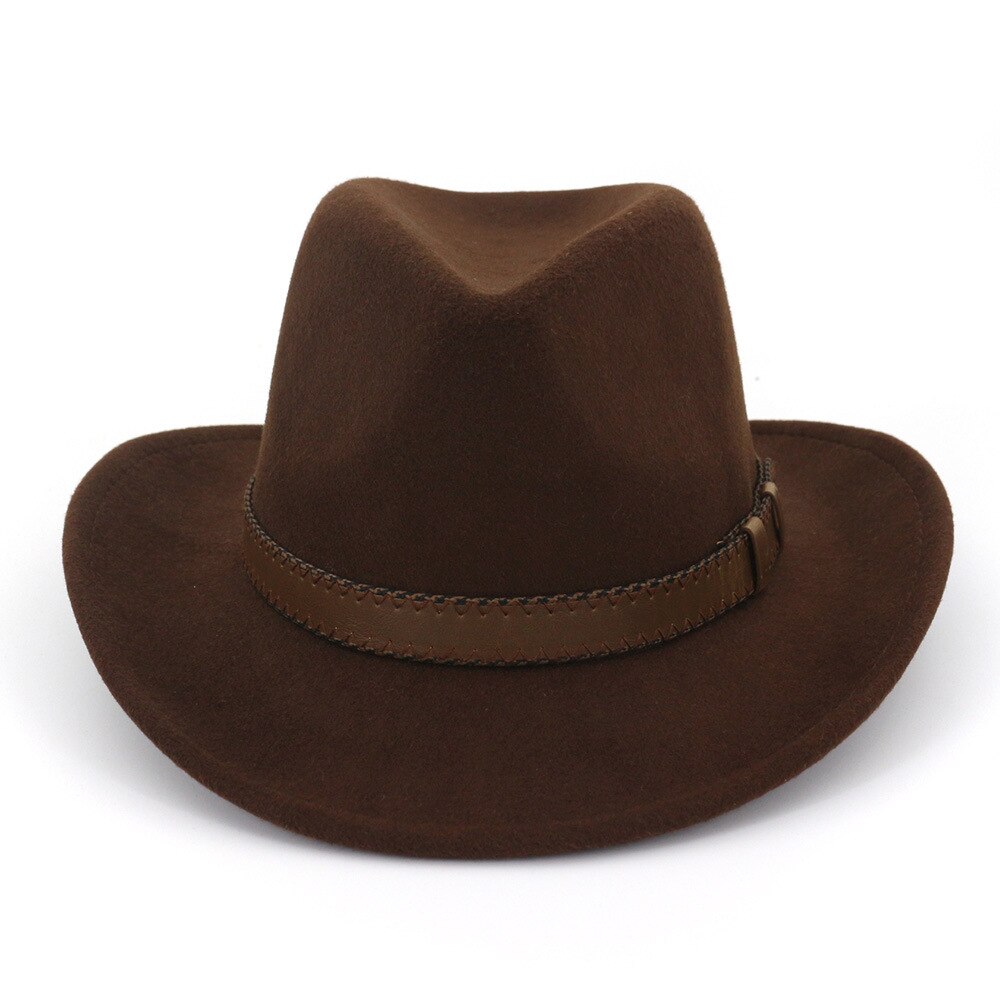QBHAT-sombreros de fieltro de lana para hombre y mujer, sombrero de fieltro de vaquero con banda de cuero marrón oscuro, gorra Formal de clásica,: coffee
