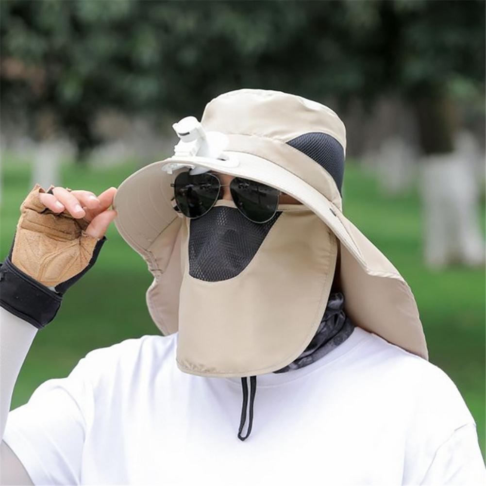 Sombreros de sombrilla de ala ancha con cuello de abanico, cubierta de cara, solapa, gorros de Sol para deportes de pesca al aire libre: Beige