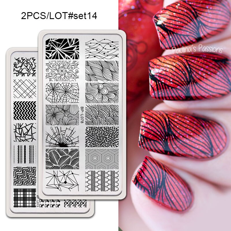 GEBOREN ZIEMLICH 2Pcs Nagel Stanzen Platten Set Rechteck Blume Geometrische Muster Nail art Bild Stempel Vorlage DIY Maniküre: 2Pcs-Set14
