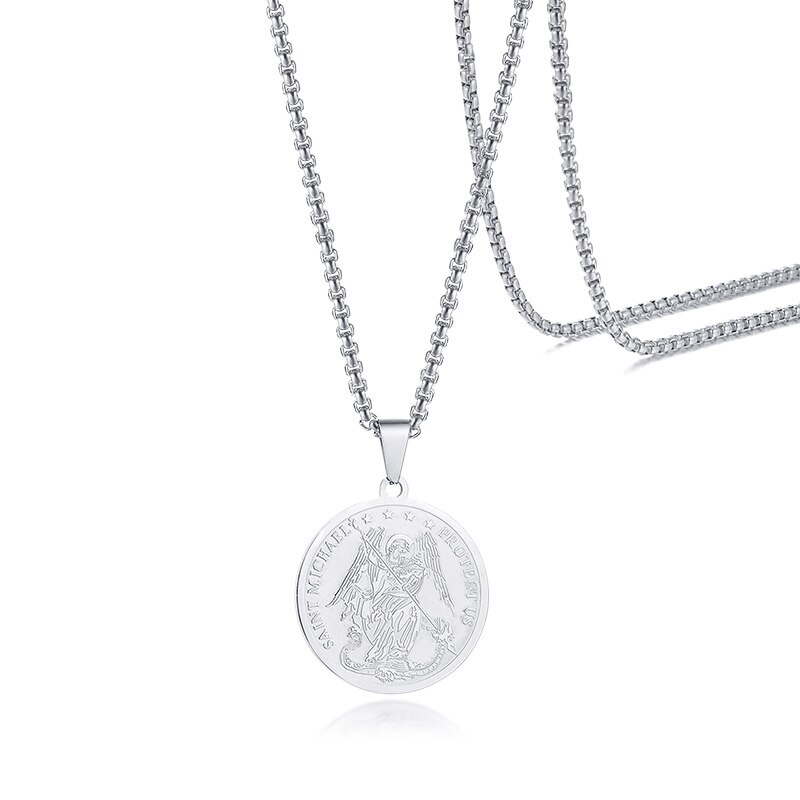DEFEND US IN BATTLE SAINT MICHAEL MEDAL INSPIRATIONAL PENDANT FOR MEN STAINLESS STEEL SAINT MICHAEL PROTECT US NEKLACE 24INCH: Dark Gold