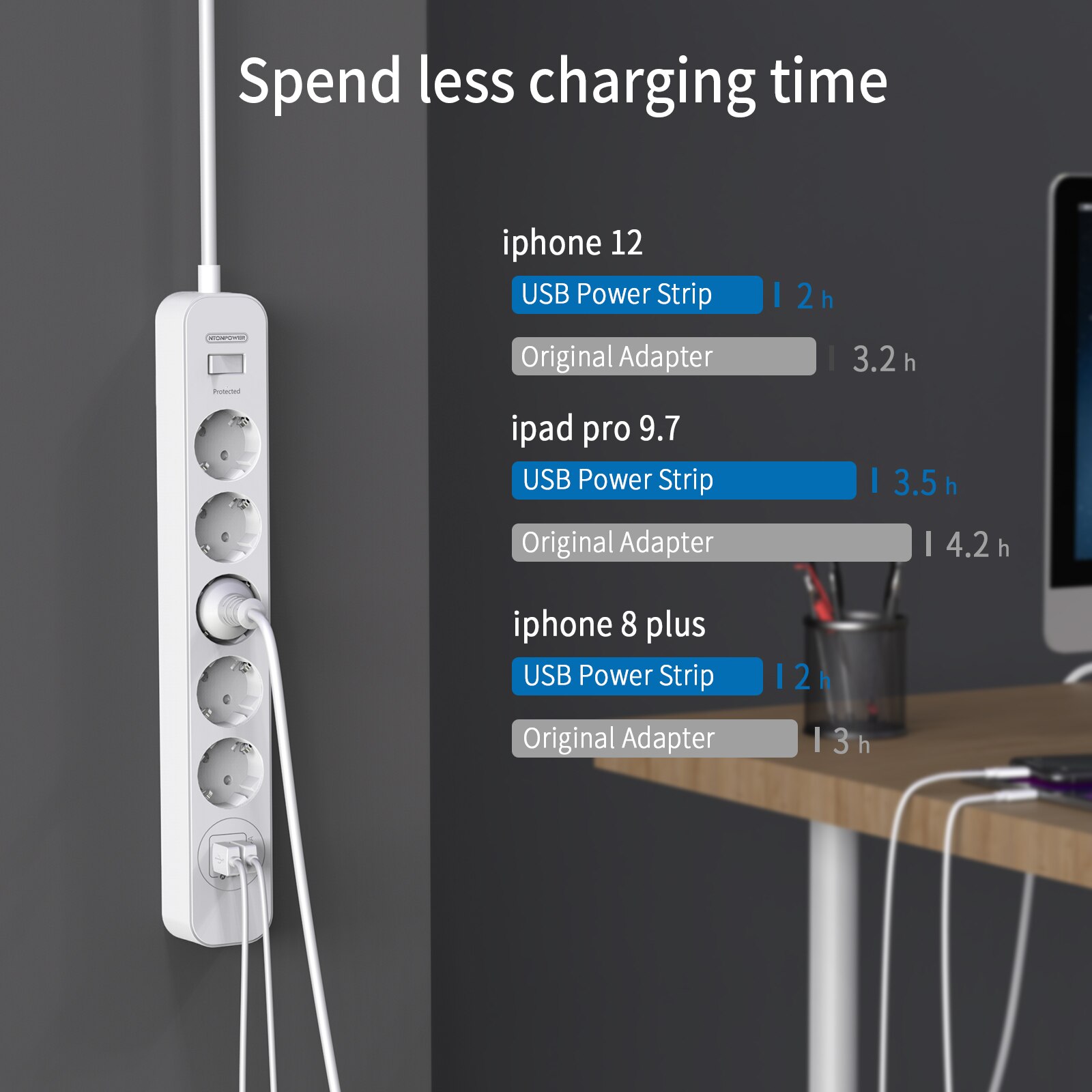 NTONPOWER Wall Mountable Power Strip, 5M Extension Lead with USB, EU Power Plug with Overload Protected Switch, for Home Office