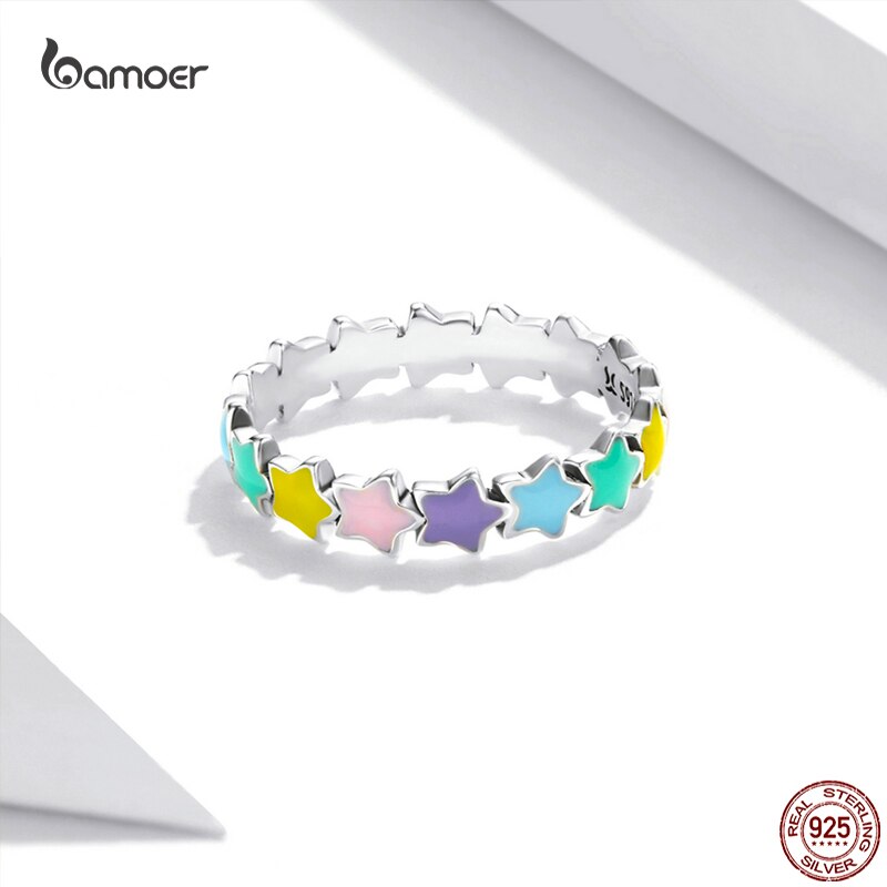 Bamoer Mode Kleur Star Silver Ring Voor Vrouwen Echt 925 Sterling Zilveren Stapelbaar Regenboog Ring Trendy Casual Sieraden