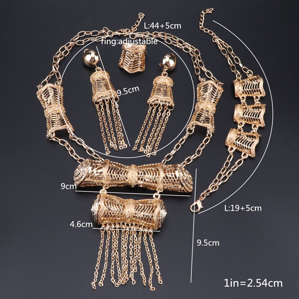 Afrikanischen Schmuck Sets Quaste Halskette Ohrring Dubai Gold Schmuck Set Für Frauen Hochzeit Party Braut Armband Ring Schmuck