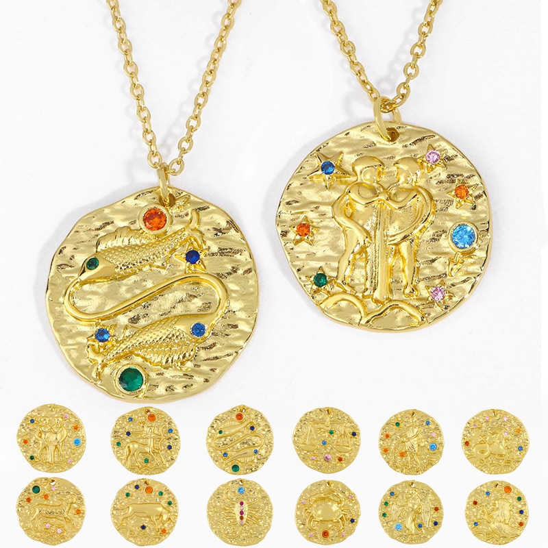 FLOLA Oro Catena Costellazione Zodiacale Collana Per Le Donne di Cristallo 12 Segno Zodiacale Collana Pendenti Con Gemme E Perle CZ Gioelleria Raffinata E Alla Moda del Regalo nker03