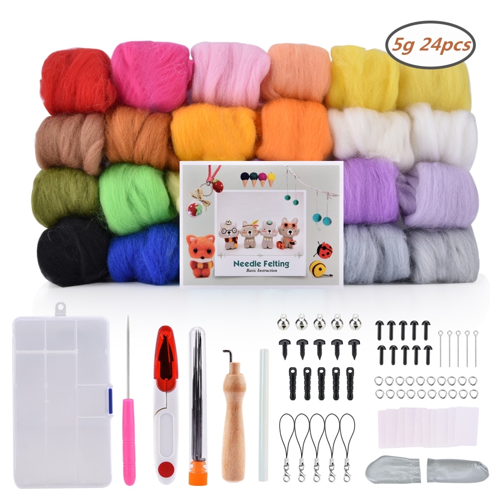 24 Colors Needle Felting Kit Wool Felt Tools Starter Kit Felt Poke Needle Arts Craft DIY Crafts Materials Wet Felting Wool Yarn