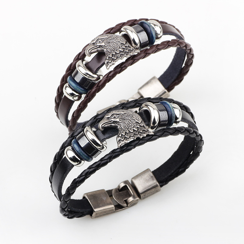 Hüfte hüpfen Jahrgang Adler Kopf Charme Armbinde Leder Multi Schicht Punk Männer Wulst Ebene Adler Armbänder Männlichen Schmuck