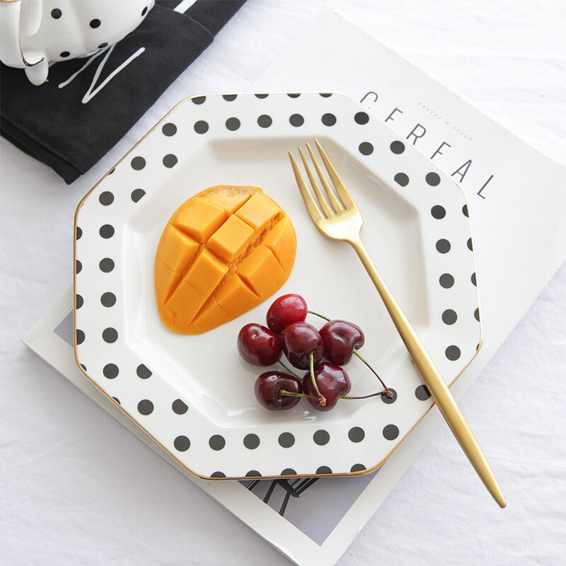 British style 9inch Octagonal Ceramic Plate Black White Dot Stripe Tableware Coffee Plates Dishes Afternoon Tea Set Home Kitchen