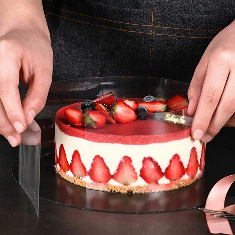 Colliers à gâteaux en rhodoïde, bord de ruban en rouleau dans le cercle de film, feuille de mousse transparente, bord de décoration de gâteau au chocolat
