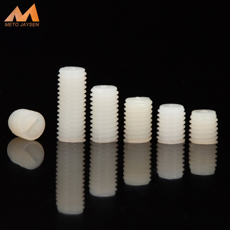 M10 m12 weiße, geschlitzte Nylon-gewindestifte mit kunststoffgewinde und flachem kopf, metrische, kopflose schlitzschrauben, madenschraubenlänge 15mm-50mm