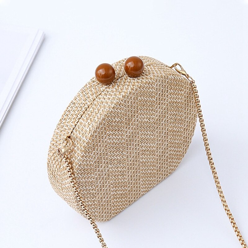 Rund vævet håndtaske banket kobling kvinde crossbody tasker til kvinder cirkulære strip skuldertasker harpiks rem træ håndtag