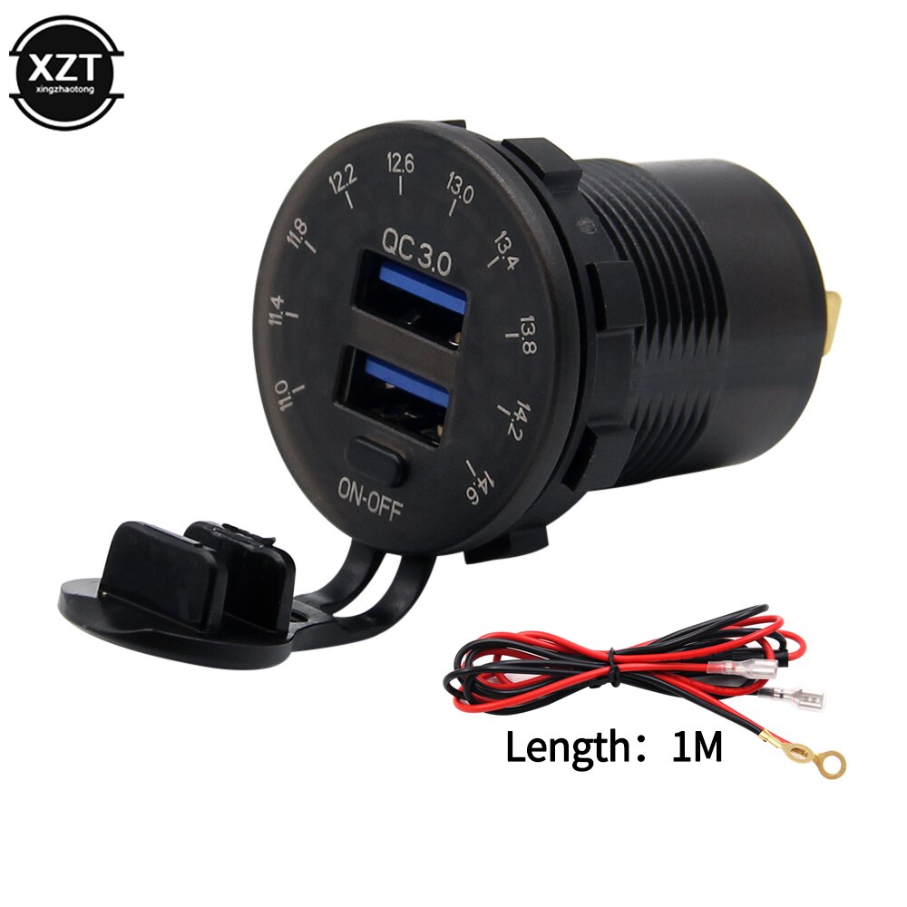 QC3.0 Dual USB Cigarette Lighter Car Charger with LED Streamlight Voltmeter 12-24V Waterproof 2 Ports Power Socket ON/OFF Switch: charger with cable