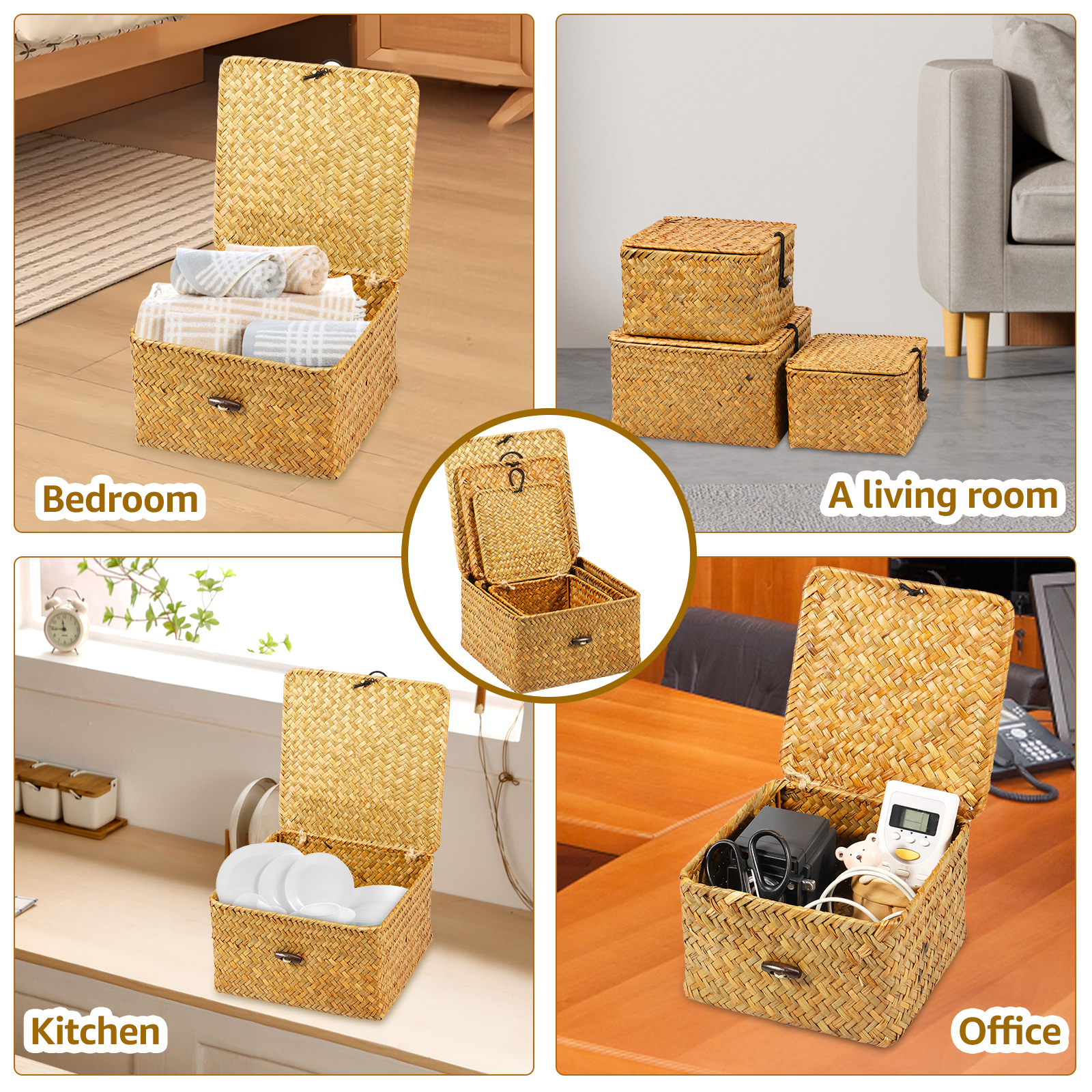 3 stk. vevd oppbevaringskurv med lokk, 3 størrelser stabelbare, håndlagde kurvbeholdere, multifunksjonell oppbevaringsboks for leker, kosmetikkskap