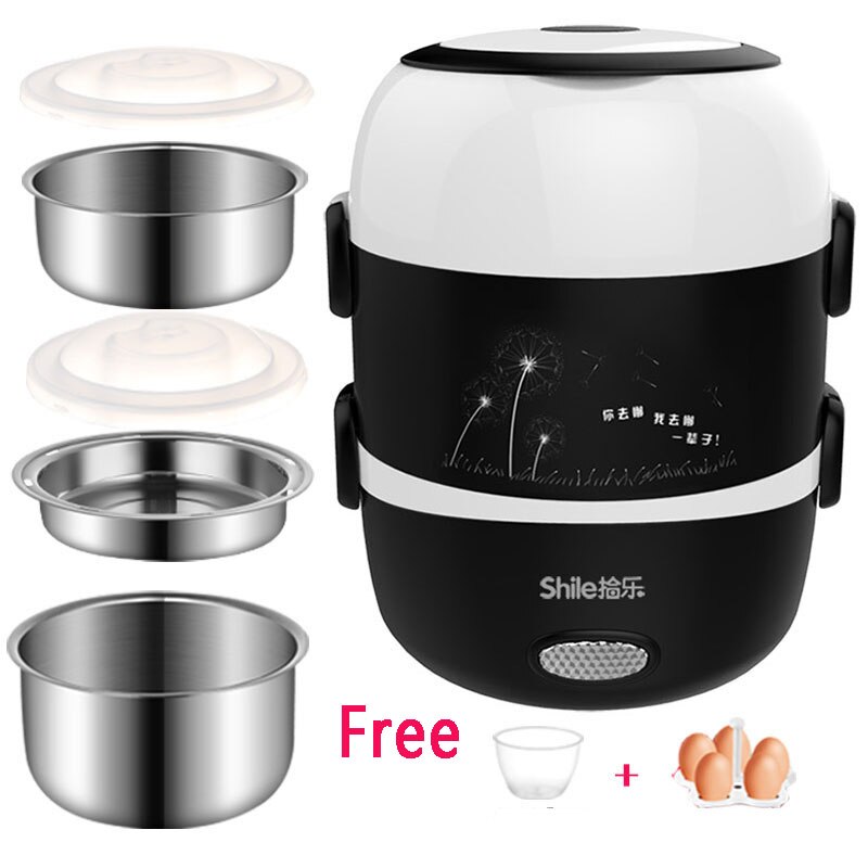 Electric Lunch Box Mini Rice Cooker Cooking Steaming Lunch Heater Box for Office Home Food Steamer Container with Steel Bowl: A3-Black
