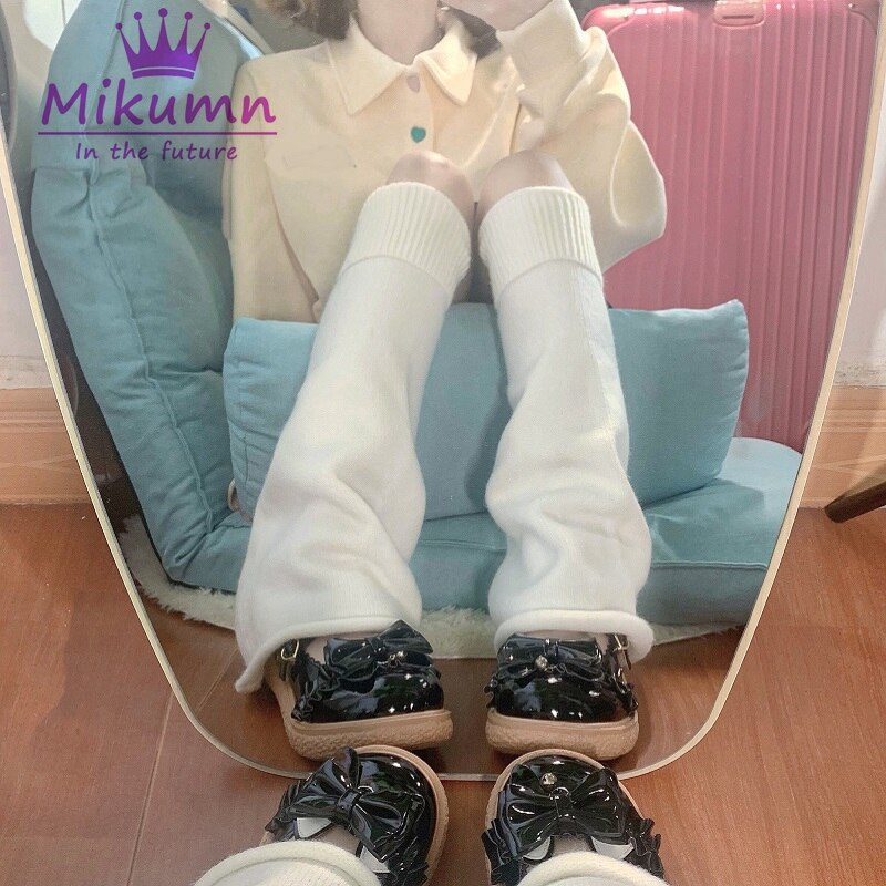 Harajuku Cute Flared Knitted Leg Warmers Japanese Girls Kawaii White Winter Loose Foot Cover Knee High Lolita Leg Warmer Socks