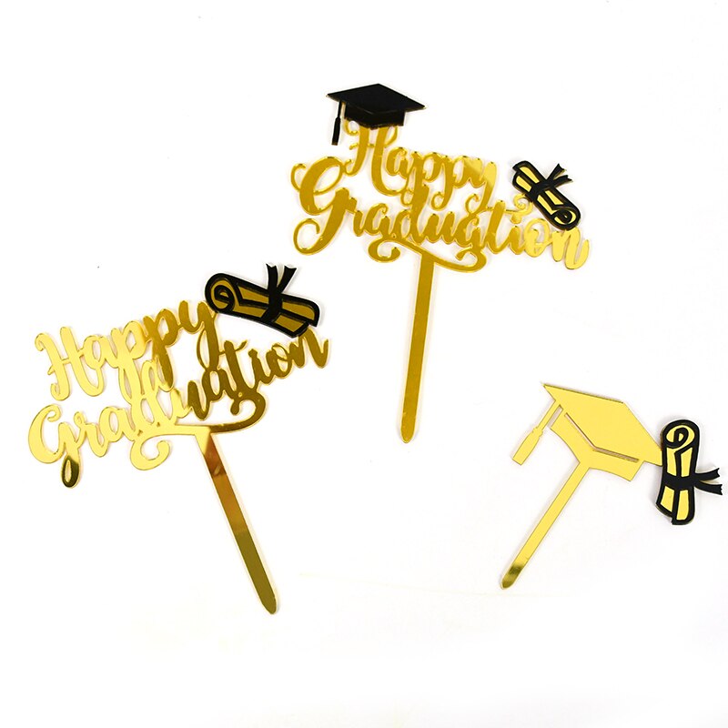 Gold Happy Graduation Cake Topper Bachelor Cap Acrylic Cupcake Topper for DIY Baking Kitchen Supply Happy Graduation Party Decor
