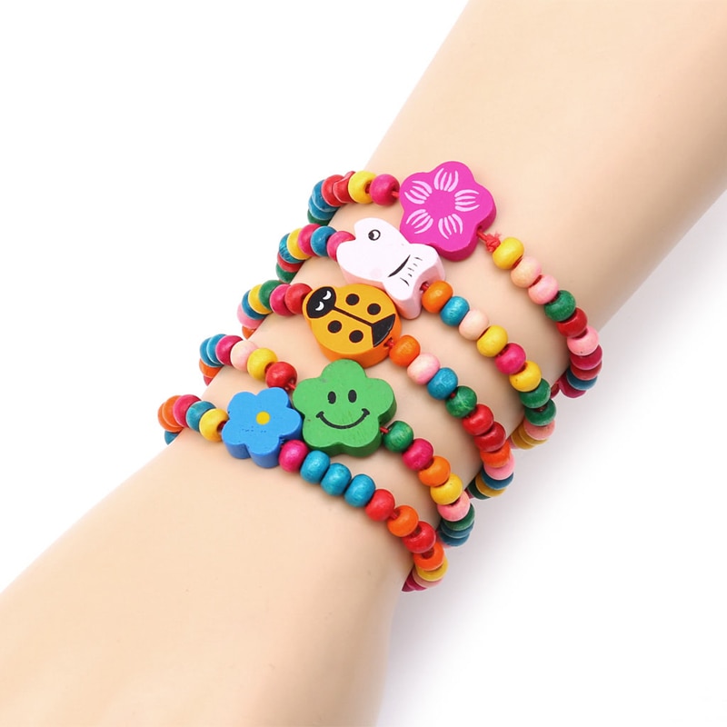 5Pcs Lovely Kids Children Wood Elastic Bead Bracelets Birthday Party Jewelry