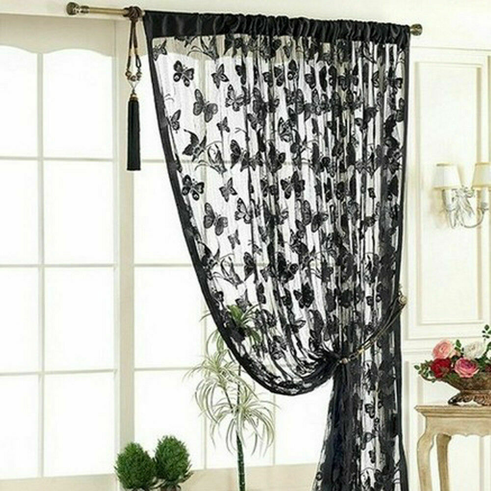 Nyeste 1 stykke blonde net gardin sommerfuglsnor værelse vindue kvast panel dekoration 1*2m sommerfugl line gardin: Sort
