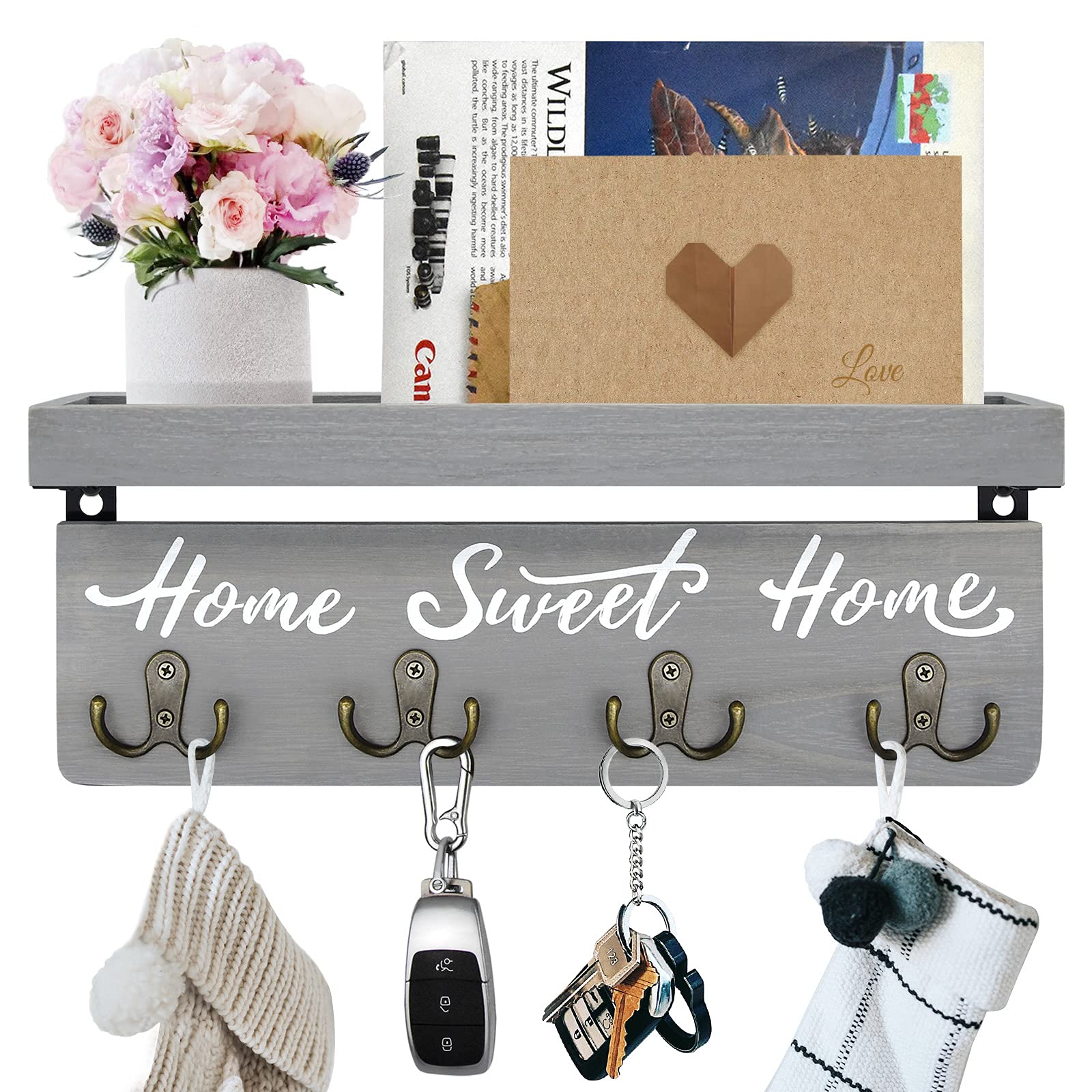 Wooden Key Holder for Wall with Shelf Home Entryway Decorative Key Hanger for Wall with 4 Double Key Hooks and Mail Organizer: GRAY