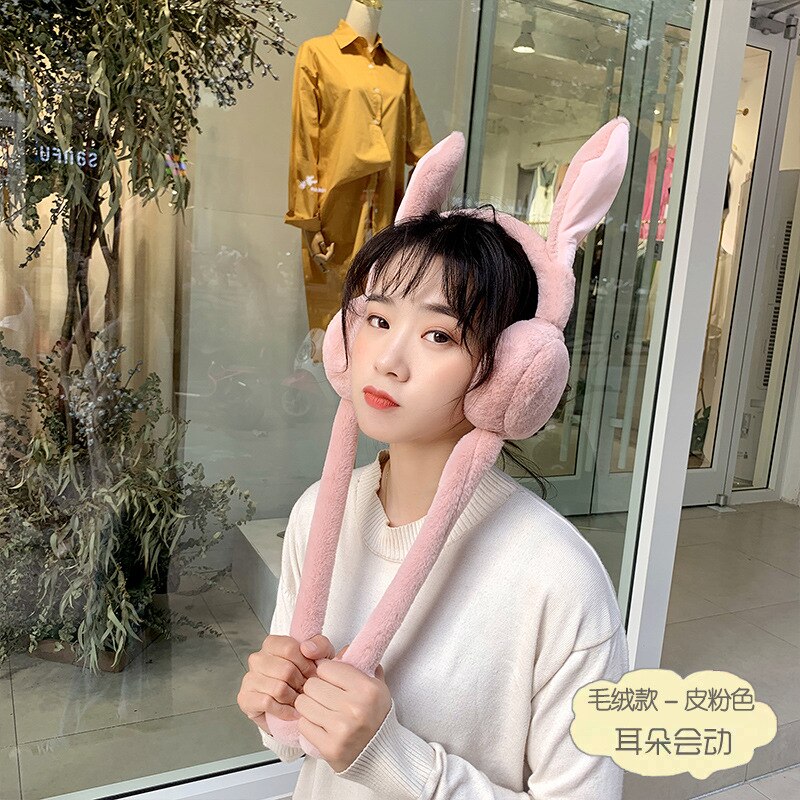 Protège-oreilles mobiles pliables avec oreille de lapin en hiver coupe-vent pour filles, protège-oreilles en peluche tricoté, oreilles de lapin poilu: Plush Dark pink