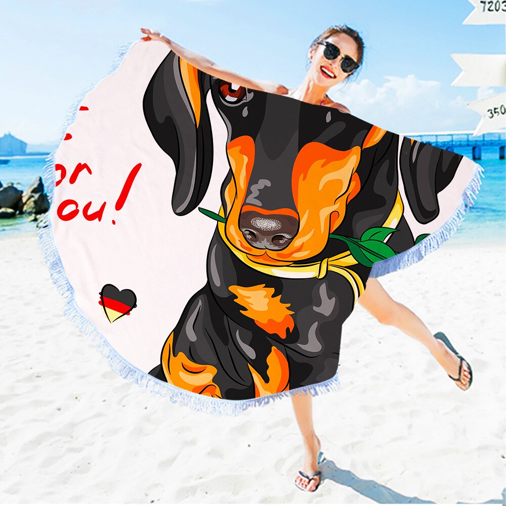 Moda jamnik motyw psa okrągły ręcznik plażowy z frędzlami mikrofibra 150cm koc piknikowy mata gobelin ST1009