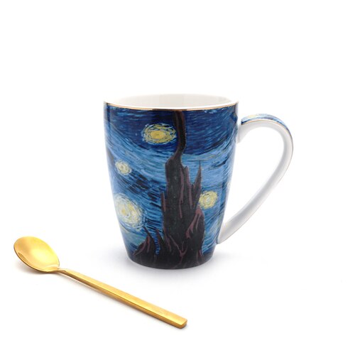 90/220/300/400ML Latte Cappuccino Espresso Mugs Coffe Mugs Set with Spoon Saucer Milk Cup Mug Van Gogh Oil Painting Style Cups: 400ml with spoon