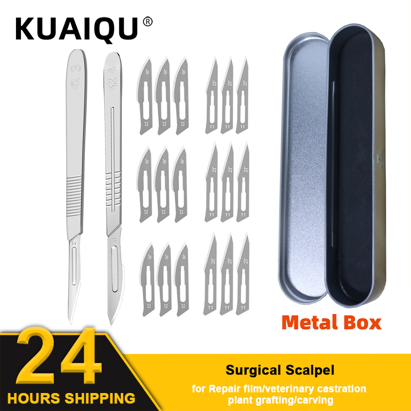 Bisturí quirúrgico de acero inoxidable con cuchillas de 10 piezas 11 # 23 # Caja de almacenamiento con mango de Metal extraíble para injerto de plantas, tallado, reparación DIY