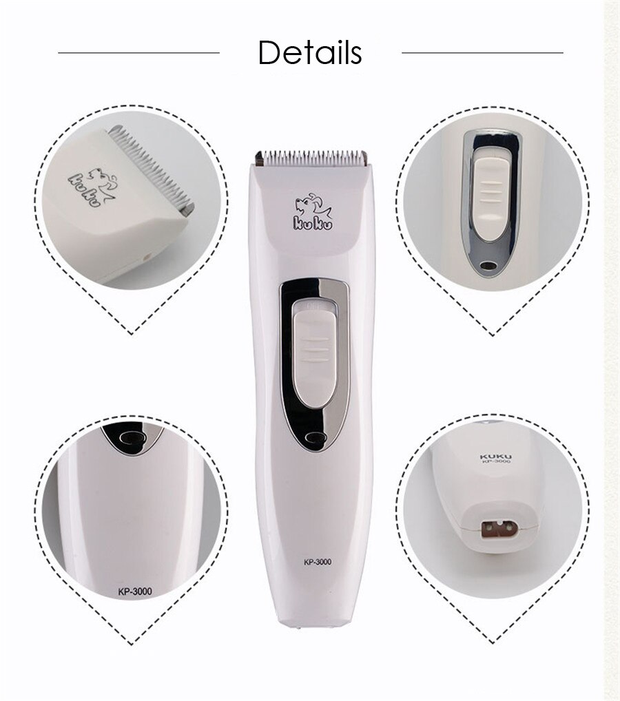 KUKU KP3000 Electric Dog Hair Trimmer Rechargeable Sharp Pet Hair Clipper Dog Grooming Haircut Shaver Machine White