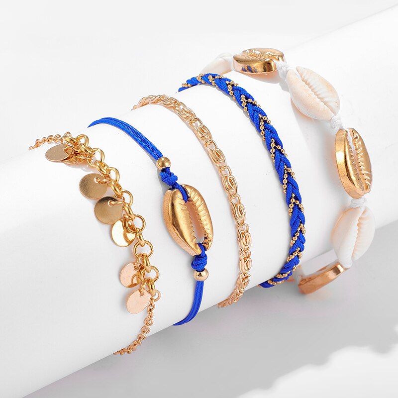 Tocona 5pcs/sets Bohemian Shell Gold Anklets for Women Colorful Rope Tassel Barefoot Sandals Foot Chain Summer Jewelry 8799