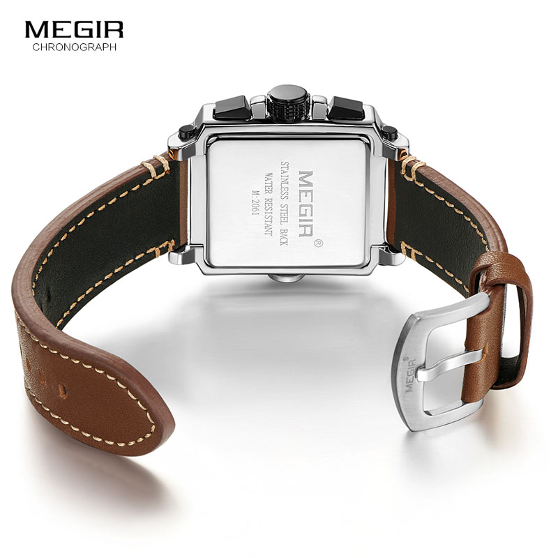 Megir herre firkantede quartz armbåndsur ur militær sports casual kronograf stopur læder relogios maskuline 2061 brun