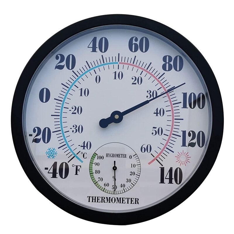 Indoor Outdoor Thermometer Garden Wall Patio Weather Thermometer Hygrometer, Large Number 10 In Diameter: Black