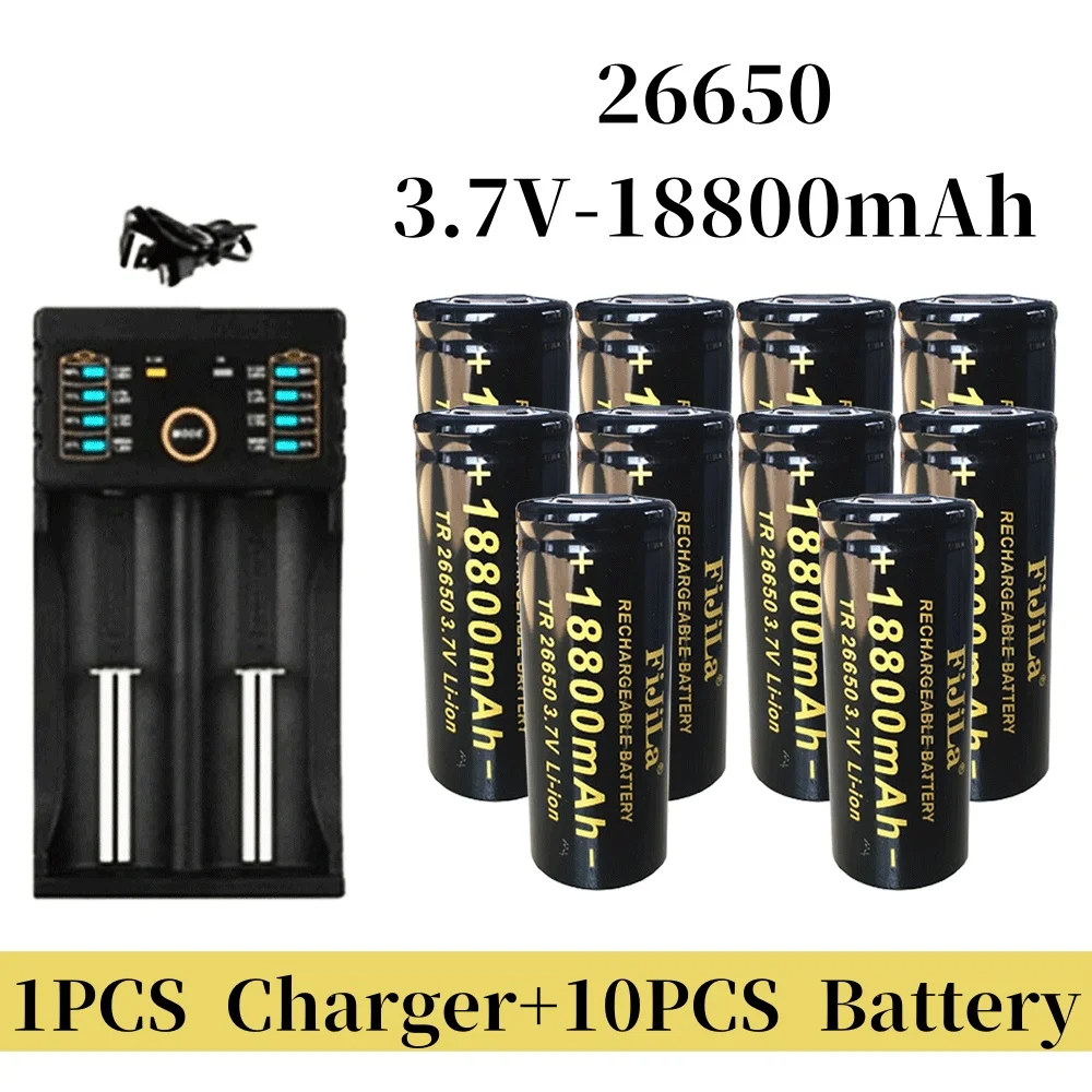 26650 3,7 V 18800 mAh batterij Hoge capaciteit 26650 50A Power batterij Lithium-ion oplaadbare batterij voor speelgoedzaklamp + oplader: Zilver