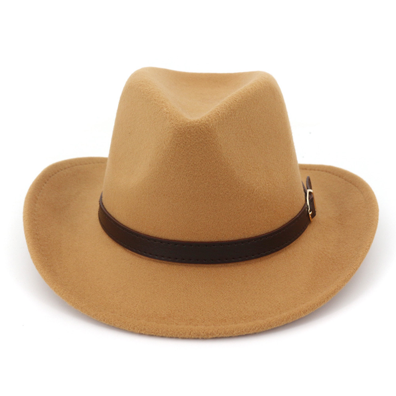 Sombrero de fieltro vaquero de ala ancha para hombre y mujer, sombrero de fieltro de vaquero con hebilla de cuero, estilo panamá Trilby Jazz, europeo y estadounidense