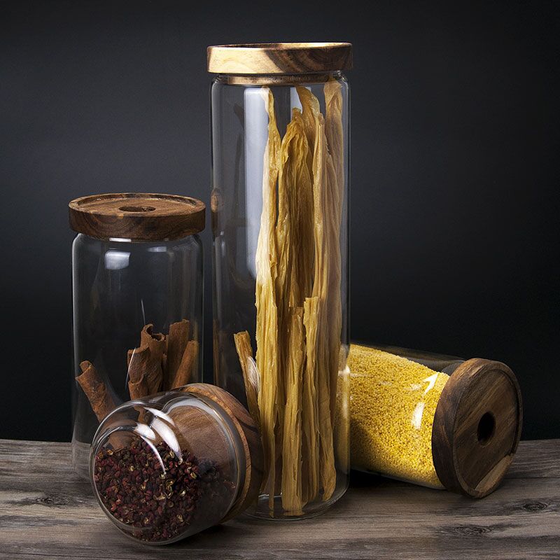Storage tank Transparent lid glass sealed jar acacia wood lid glass storage tank vacuum candy food storage container