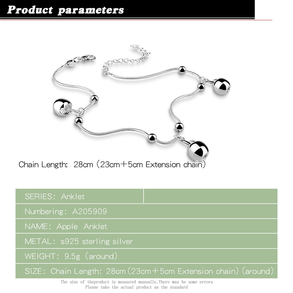 925 Sterling Silver anklets For Women Jewelry foot jewelry anklet barefoot sandals small apple Anklets