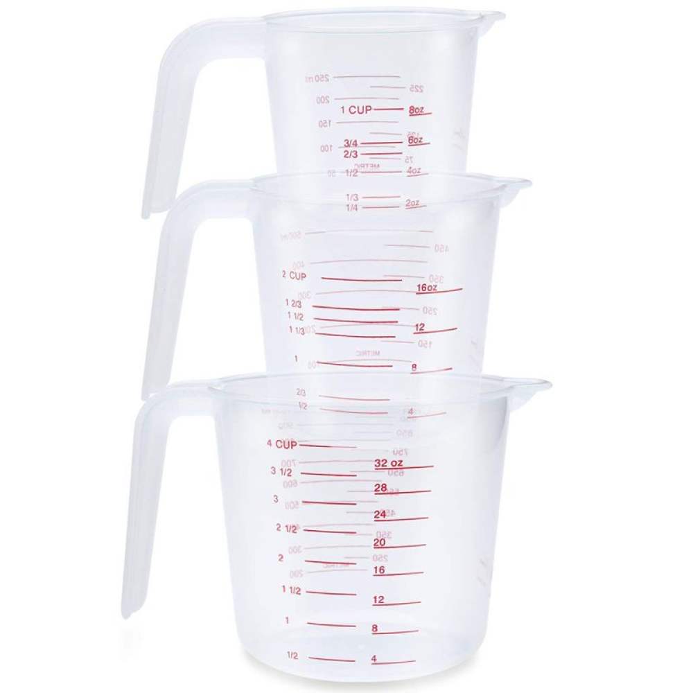 3pc Plastic Measuring Jug Set Large 4 Cup, 2 Cup and 1 Cup Capacity BPA Free Measuring Beakers with Angled Grip Essential