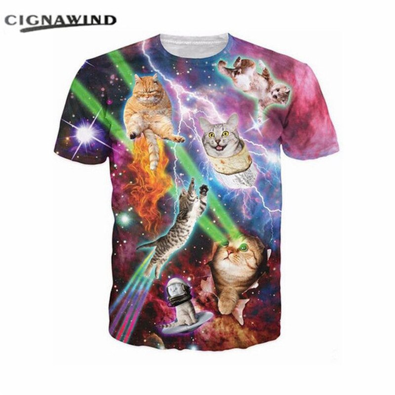 Harajuku streetwear hip hop Astronaut Cat Playing With lightning Space Galaxy 3D printed t shirts men/women T-shirts: Asian XXL