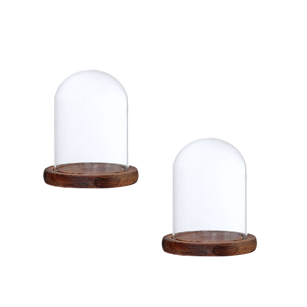 Cúpula de cristal transparente con Base de madera para decoración, soporte de exhibición para centro de mesa de boda en casa, color marrón, 9x12cm, 2 unidades