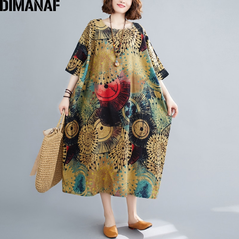 DIMANAF-Vestido largo holgado de talla grande para mujer, ropa de playa de verano, Lino estampado, talla grande 5XL y 6XL