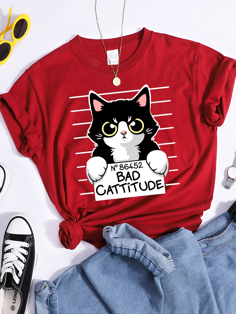 No86452 Slechte Cattitude Grappige Kat Womens T-shirt Casual Sport T Shirts Ademende Zomer Tee Shirt Street Creativiteit T-shirt Vrouwen: S / Goud