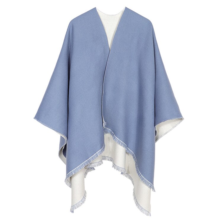 Mode Dubbele Kanten Winter Poncho Kasjmier Vrouwen Poncho Sjaal Foulard Femme Wollen Sjaal Poncho En Caps Tassle: Blue