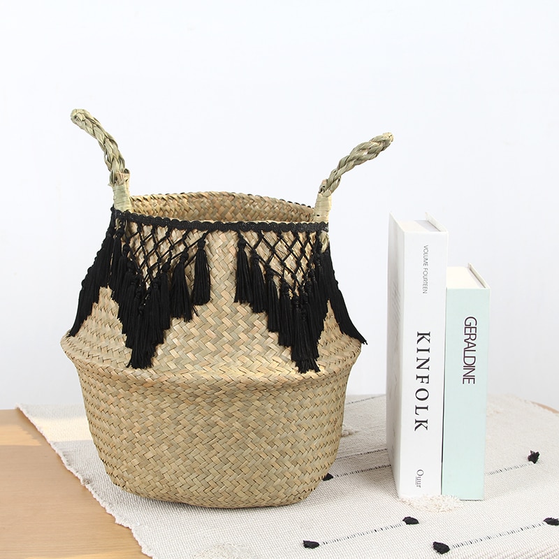 Vævet multifunktionel håndtaske flet kurv søgræs vasketøjskurv naturlig rattan blomsterkurv vase plantehave potte