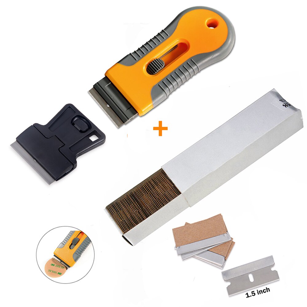 EHDIS 100pcs 1.5" Carbon Steel Razor Blade + 2pcs Razor Scraper Vinyl Car Wrap Tool Widow Tint Sticker Remover Glass Clean Tool
