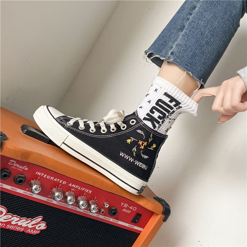Spring Women Embroidery High Top Canvas Shoes Flat Casual Custom Sneakers skateboarding shoes Student Shoes: Black / 39