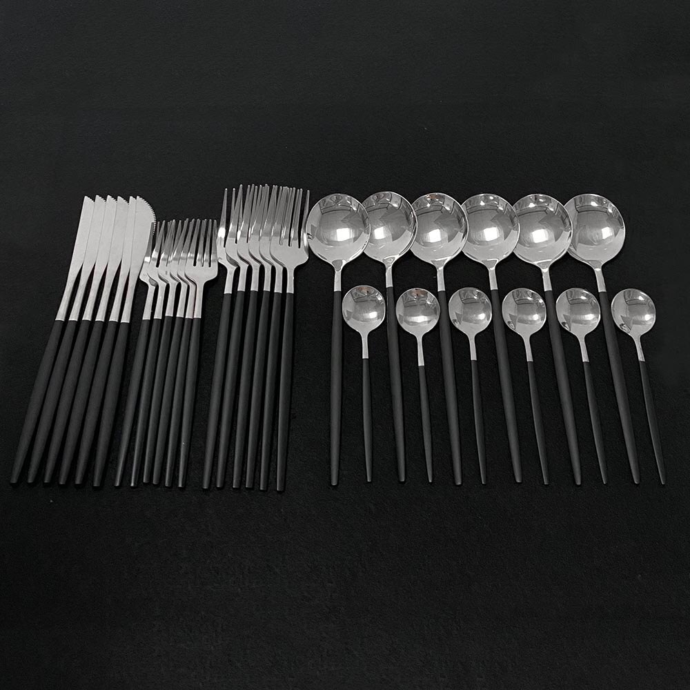 30pcs Dark Green Dinnerware Set 18/10 Stainless Steel Cutlery Set Flatware Tableware Set Dinner Knife Fork Spoon Dishwasher Safe: Black Silver