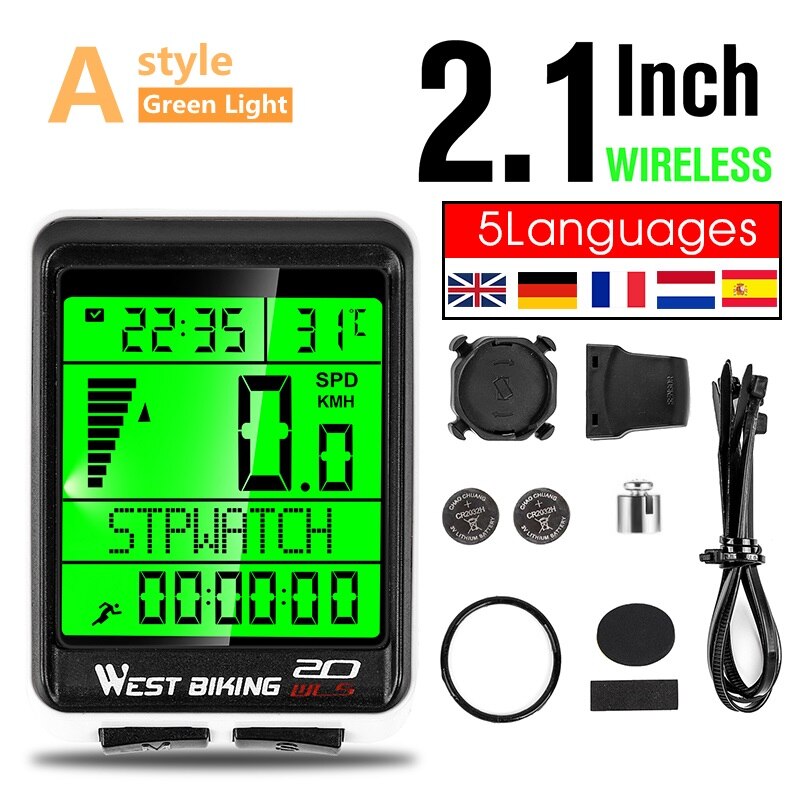 WEST BIKING LED Bicycle Computer Wireless 5 Language Cycling Bike Odometer Stopwatch Speedometer 2.1in Waterproof Bike Computer: A style Wireless
