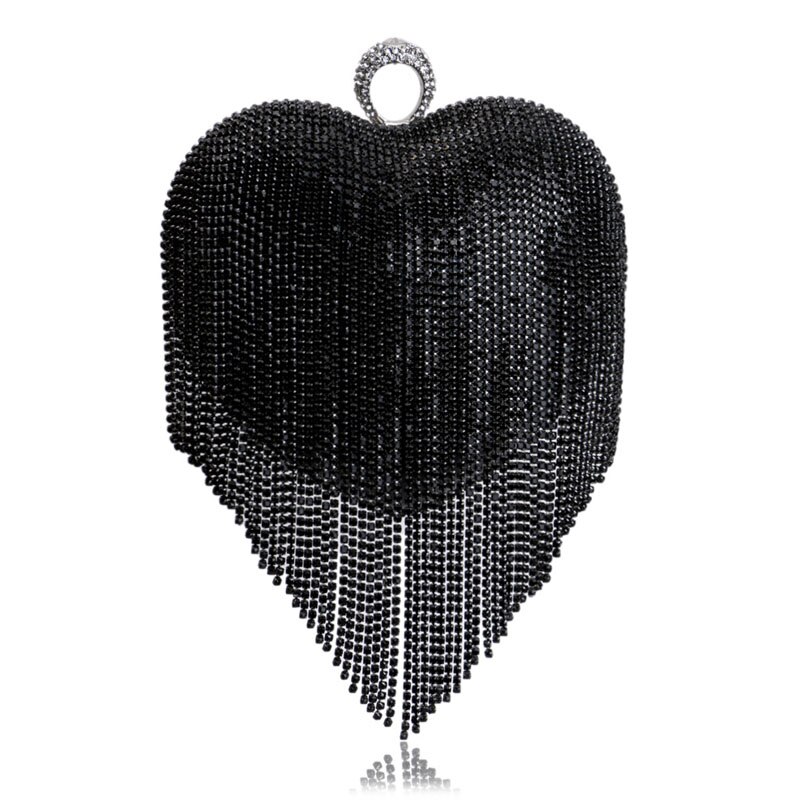 LIXUN Evening Bag - Minaudiere Shape - Diamond Tassel Ring Clutch - Chain Shoulder Party Handbag: Black