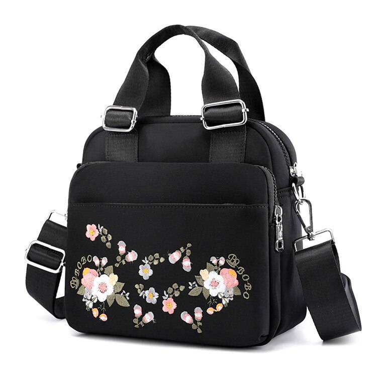 Marca multifuncional bolsas femininas bordados flores tote bolsa de ombro das senhoras mão crossbody sacos náilon bolsa: Black