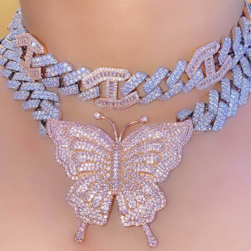 Novo 15mm iced para fora bling cz cubana link corrente rosa ouro rosa borboleta colar de prata cor 2row cz gargantilha feminino hip hop jóias