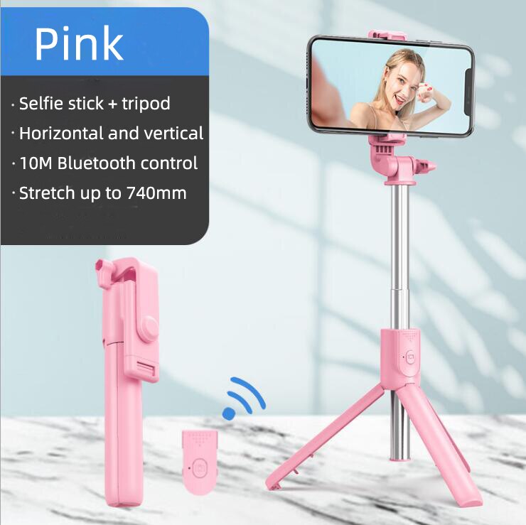 Wireless bluetooth selfie stick foldable mini tripod with fill light shutter remote control Self-Timer Rod Stick: Pink without led