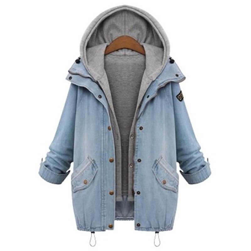 Frauen Mit Kapuze Denim Jacke Mantel Weibliche Jean Jacken Kordelzug Trends Patch Tasche Langarm Taste Hoodie Windjacke Frühling: XXXL